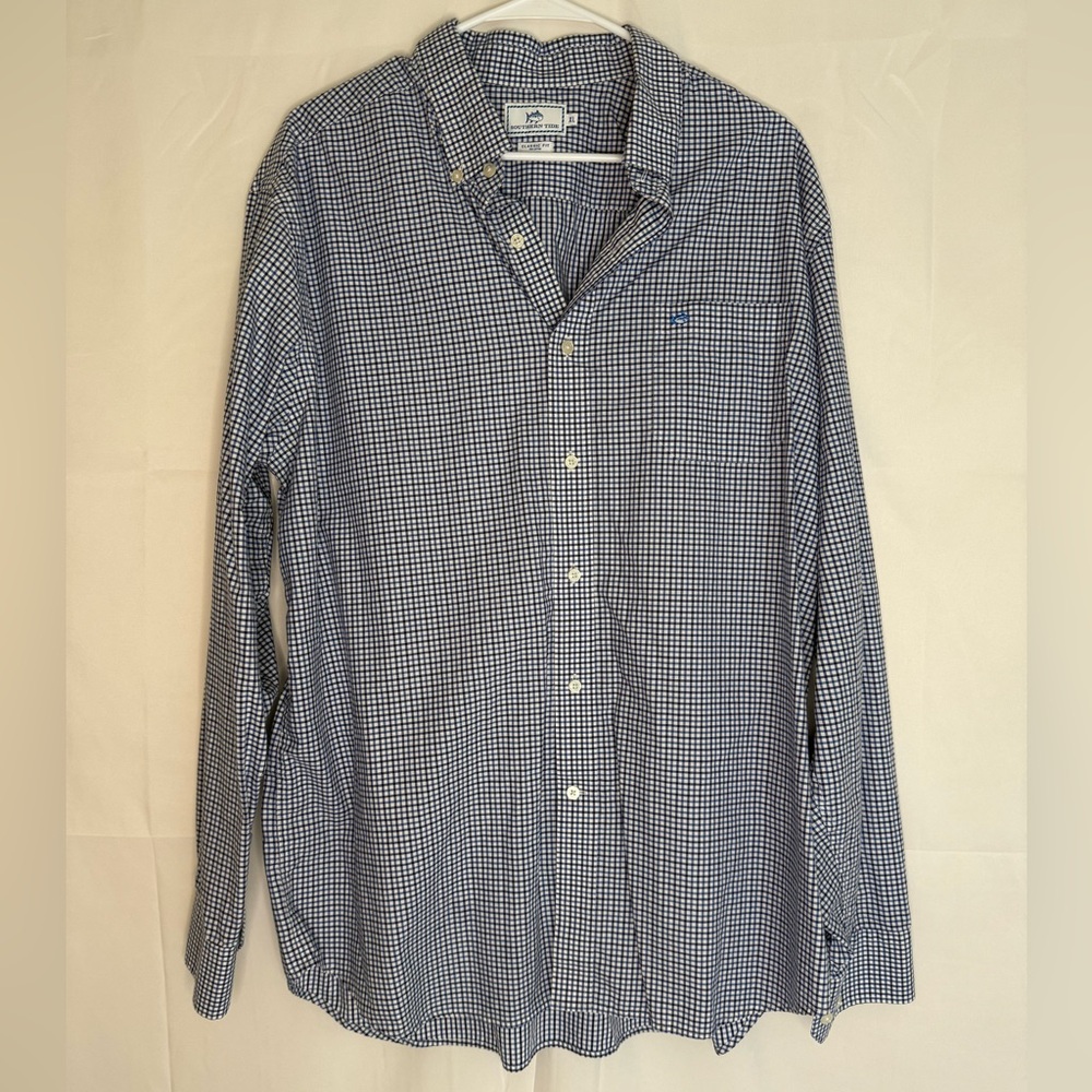 Southern Tide Navy and White Checkered Button Down Shirt